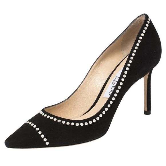 Jimmy Choo Shoes - JIMMY CHOO |Romy 85 Black Suede Trimmed White Pearls 39 (8.5)